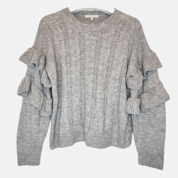WAYF‎ Sophie Crop Cable Knit Sweater Heather Gray Ruffle Sleeve Women Large Crew - Picture 2 of 16